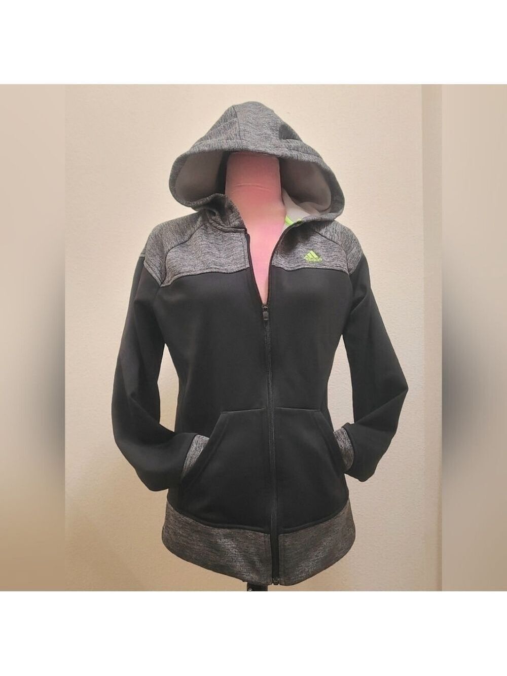 Adidas Black and Gray Zip Hoodie with Neon Green Logo Sz Medium
